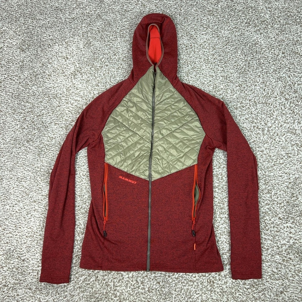 Mammut Jacket Womens L Red Hooded Aconcagua Hybrid Fleece Outdoor Hiking Gorp
